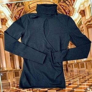 Vintage Cache Faux Wrap LS Ribbed Fitted Turtleneck Keyhole